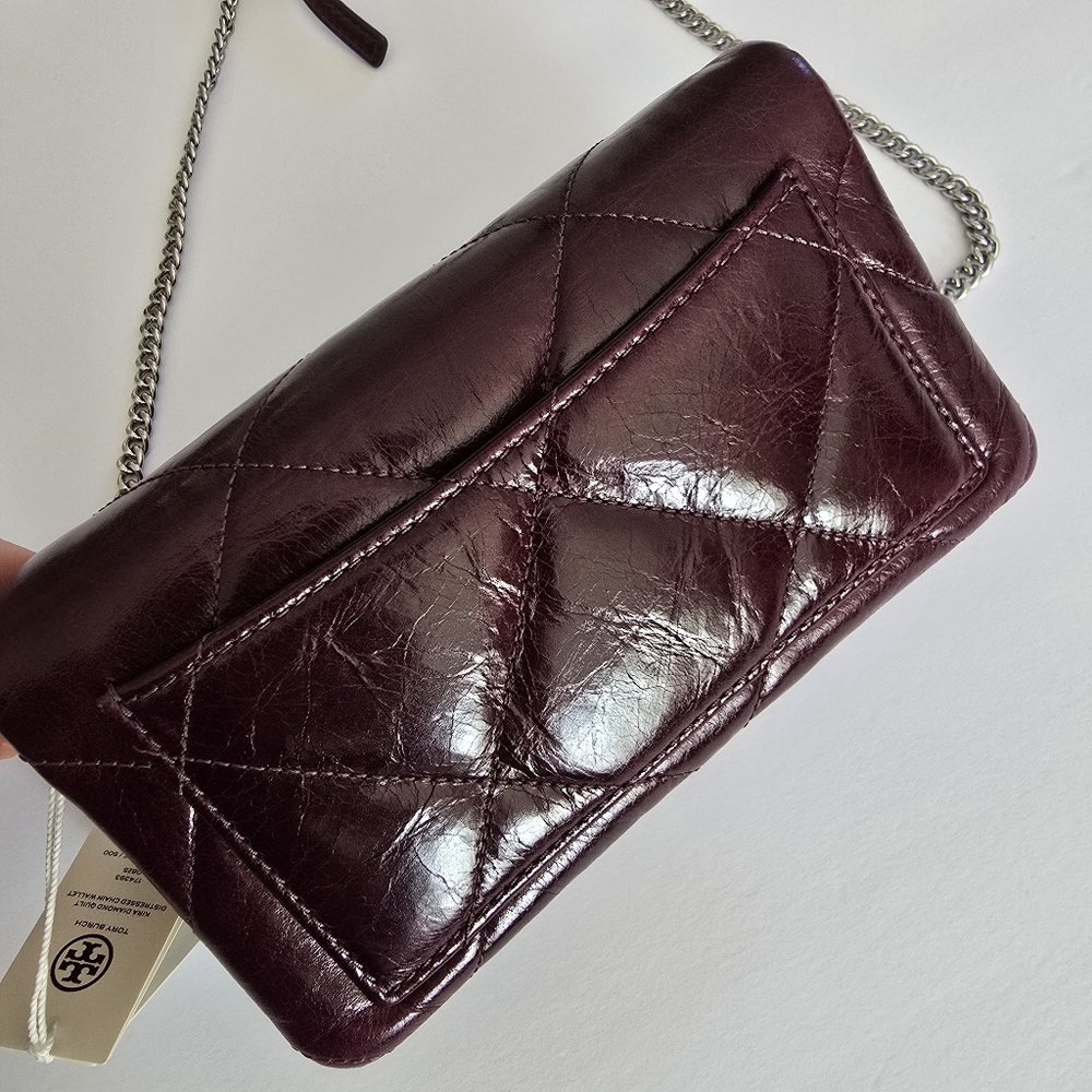Tory Burch Kira Diamond Distressed Leather Chain Wallet Dark Carmine - Picture 5 of 14